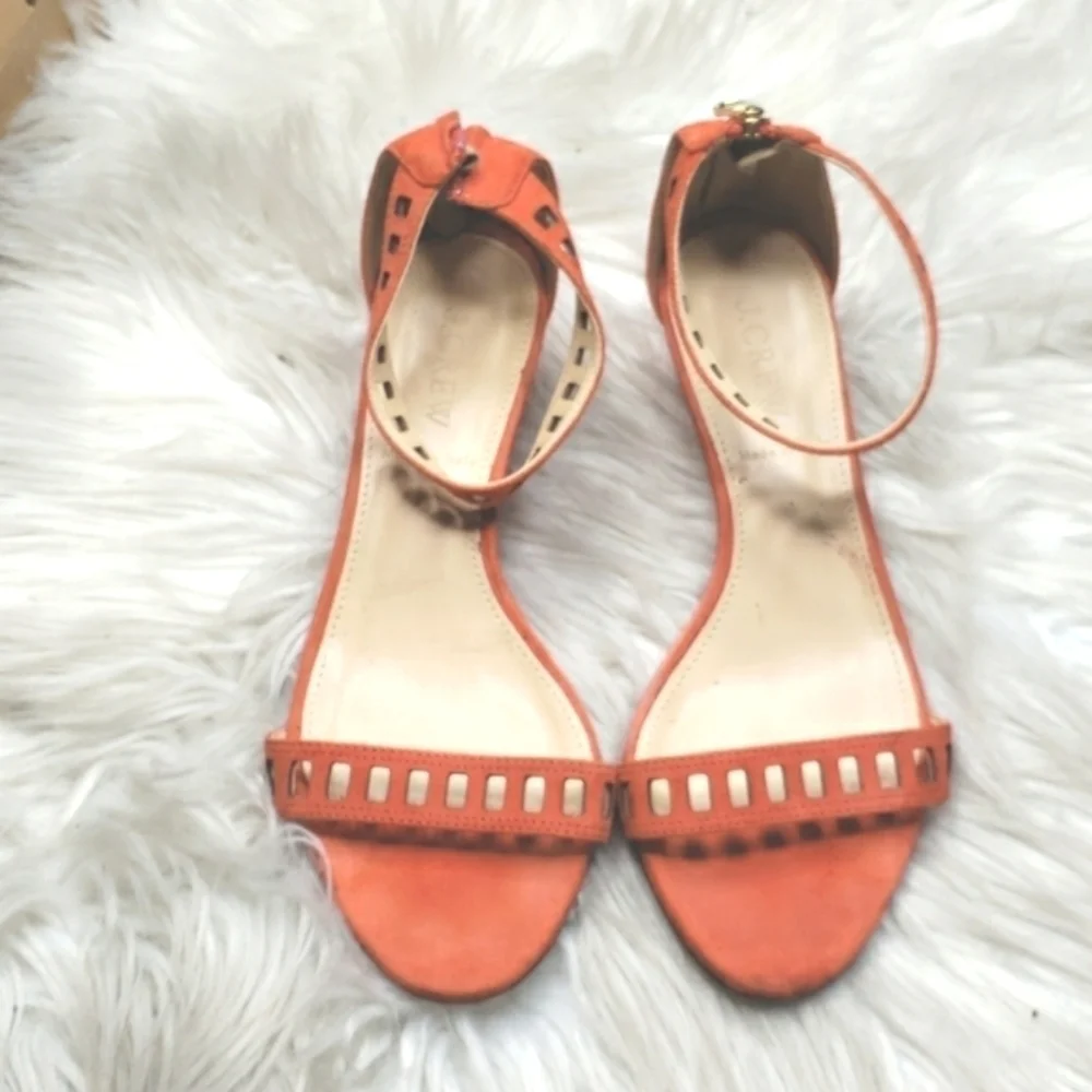 J.CREW Orange Suede Ankle Strap Zip Lillian Low Mini Wedge Sandals 6